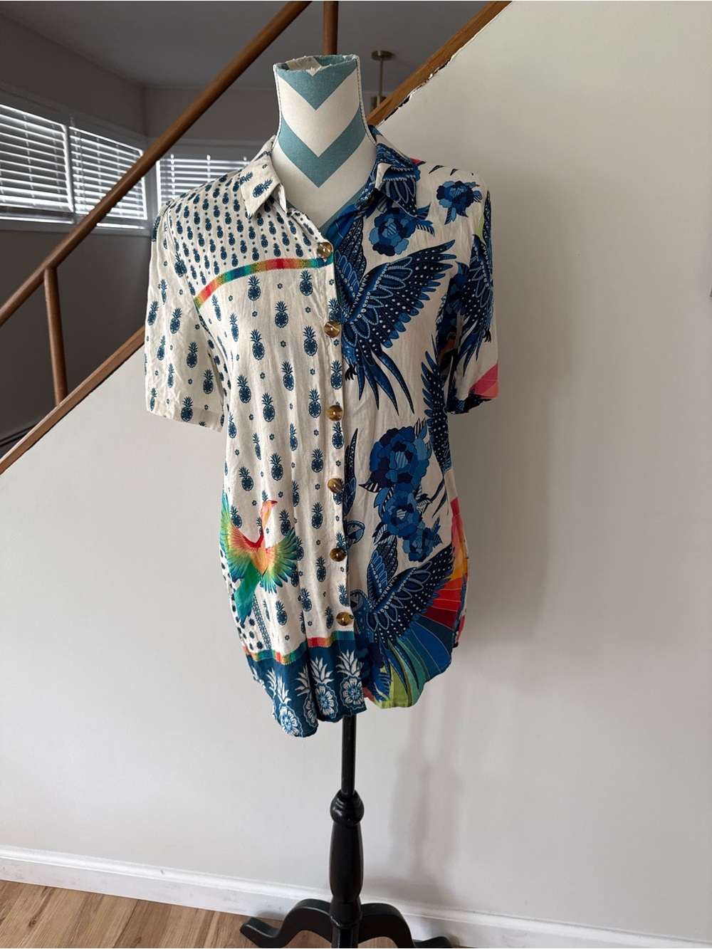 FARM Rio Cream Button-Up Shirt with Blue Floral & Multicolor Parrot Print